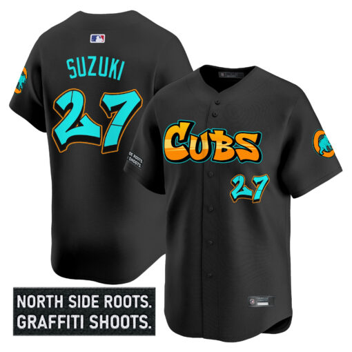 Men’s Chicago Cubs ‘Graffiti North Side Edition’ Vapor Premier Limited Jersey black #27 Seiya Suzuki