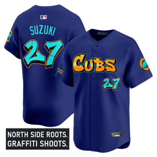 Men’s Chicago Cubs ‘Graffiti North Side Edition’ Vapor Premier Limited Jersey royal #27 Seiya Suzuki