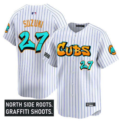 Men’s Chicago Cubs ‘Graffiti North Side Edition’ Vapor Premier Limited Jersey white #27 Seiya Suzuki