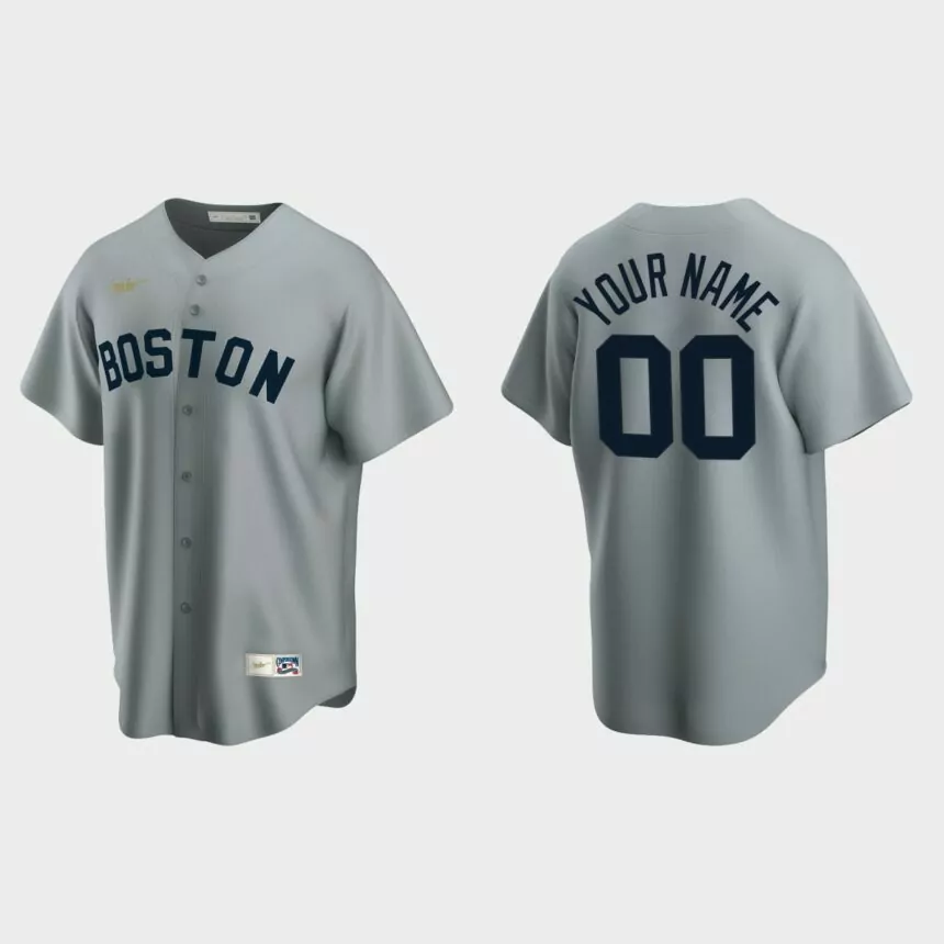 Men’s Custom #00 Boston Red Sox Cooperstown Collection Road Jersey – Gray