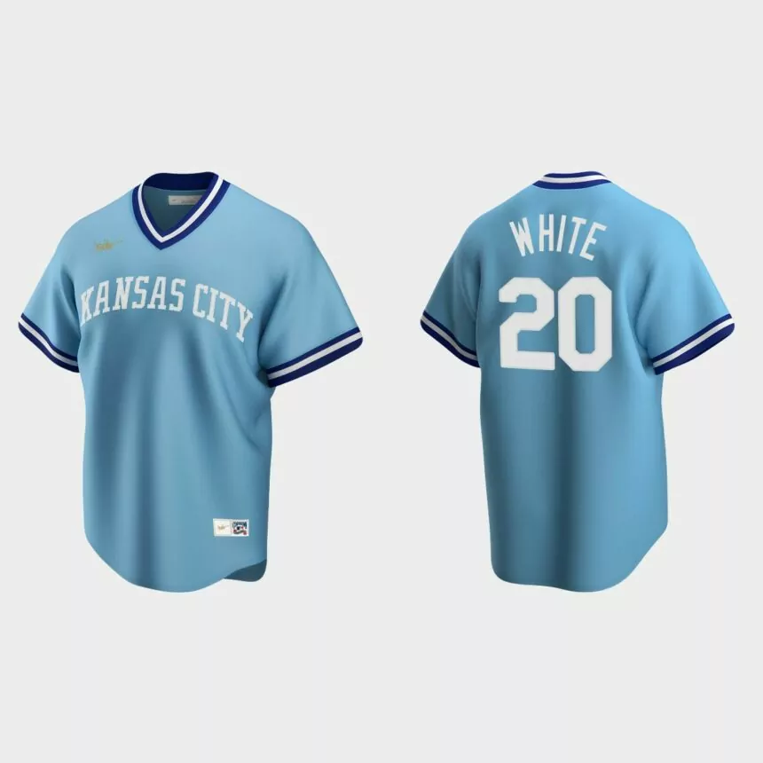 Men’s Frank White #20 Kansas City Royals Cooperstown Collection Road Jersey – Light Blue