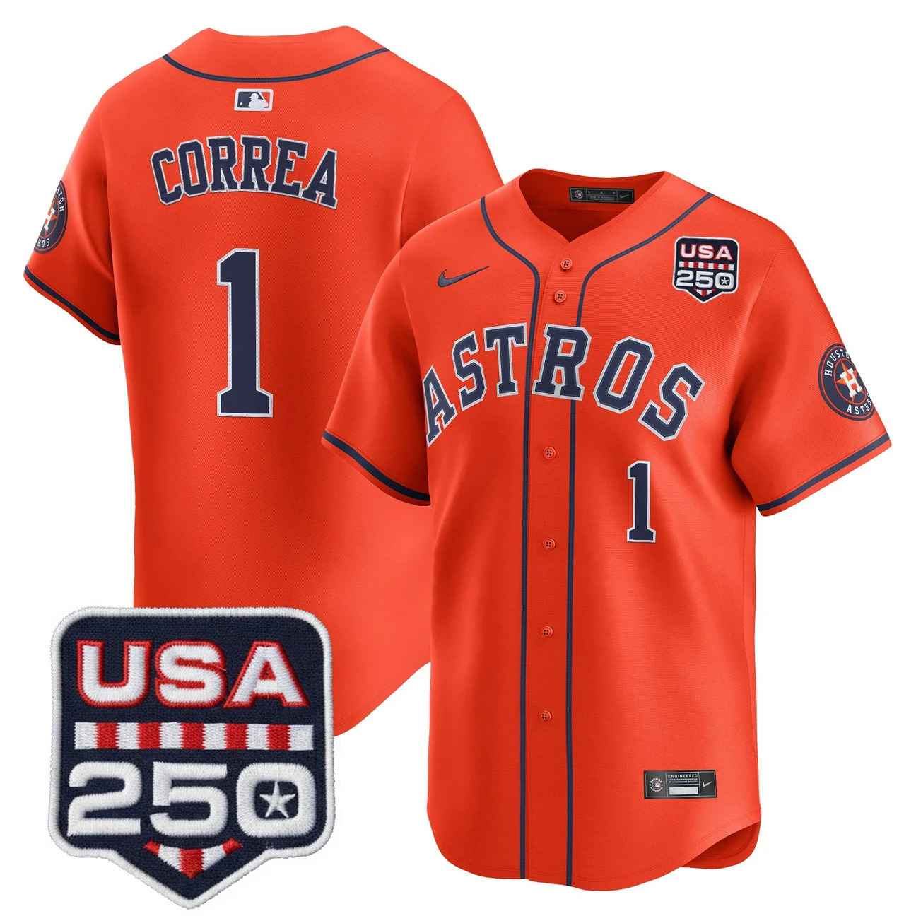 Men’s Houston Astros 250America Patch Vapor Premier Limited Jersey ORANGE #1 CARLOS CORREA