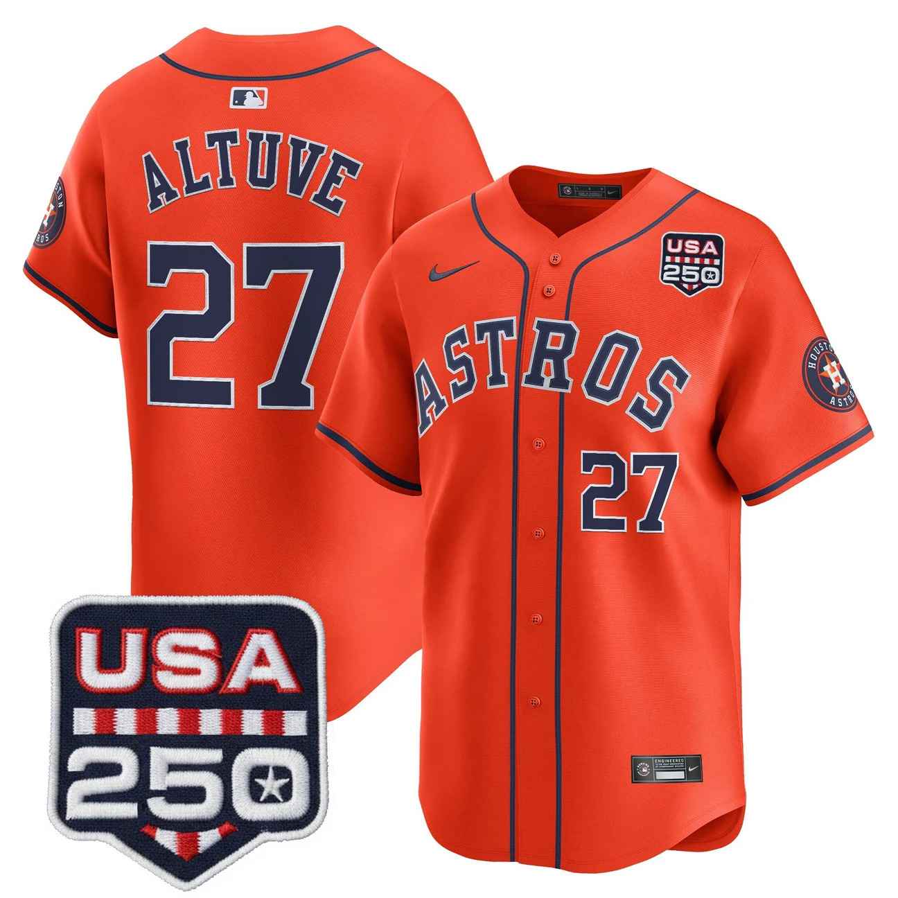 Men’s Houston Astros 250America Patch Vapor Premier Limited Jersey ORANGE #27 JOSE ALTUVE
