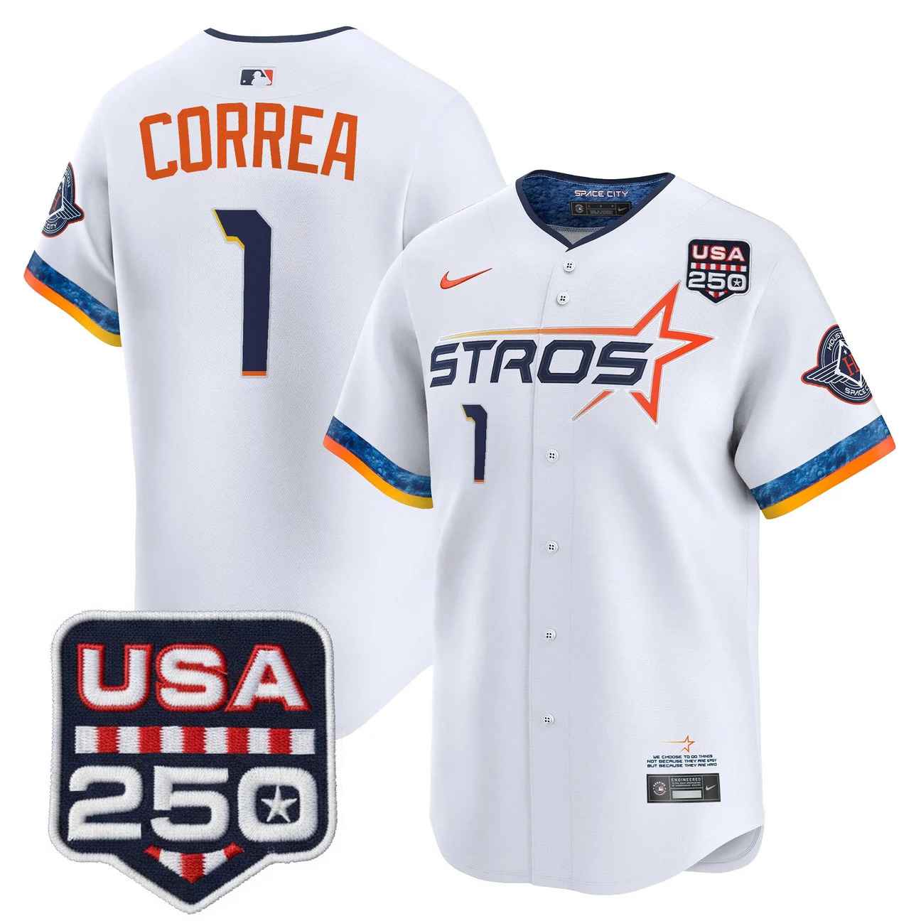 Men’s Houston Astros 250America Patch Vapor Premier Limited Jersey WHITE #1 CARLOS CORREA