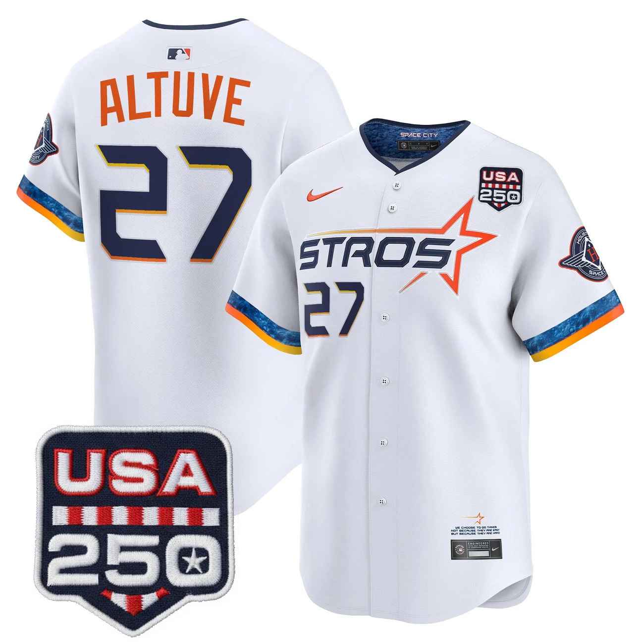 Men’s Houston Astros 250America Patch Vapor Premier Limited Jersey WHITE #27 JOSE ALTUVE