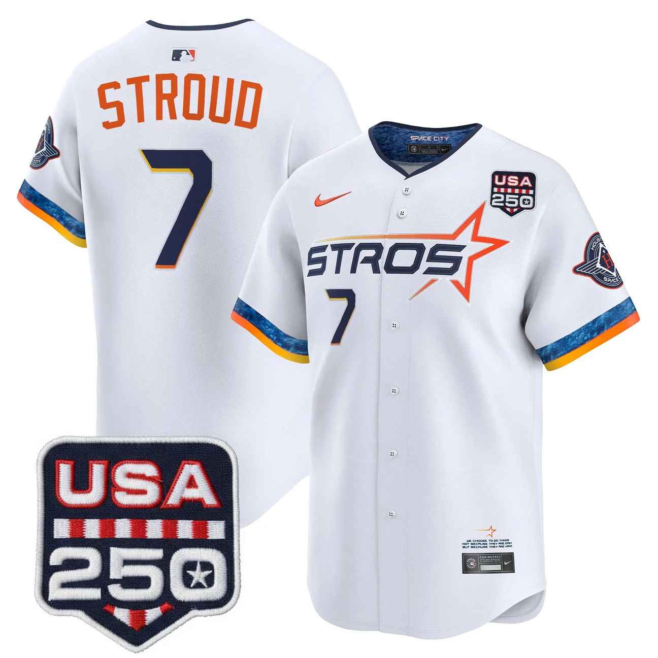 Men’s Houston Astros 250America Patch Vapor Premier Limited Jersey WHITE #7 CJ STROUD