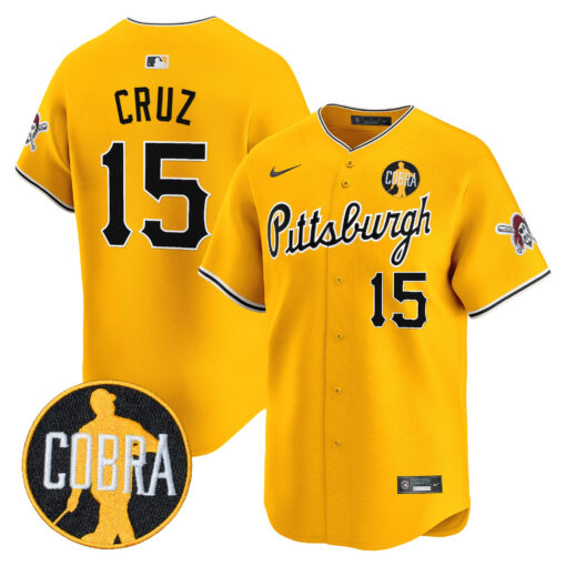 Men’s Pittsburgh Pirates ‘Dave Parker Cobra Patch’ Vapor Premier Limited Jersey gold #15 Oneil Cruz