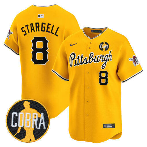 Men’s Pittsburgh Pirates ‘Dave Parker Cobra Patch’ Vapor Premier Limited Jersey gold #8 Willie Stargell