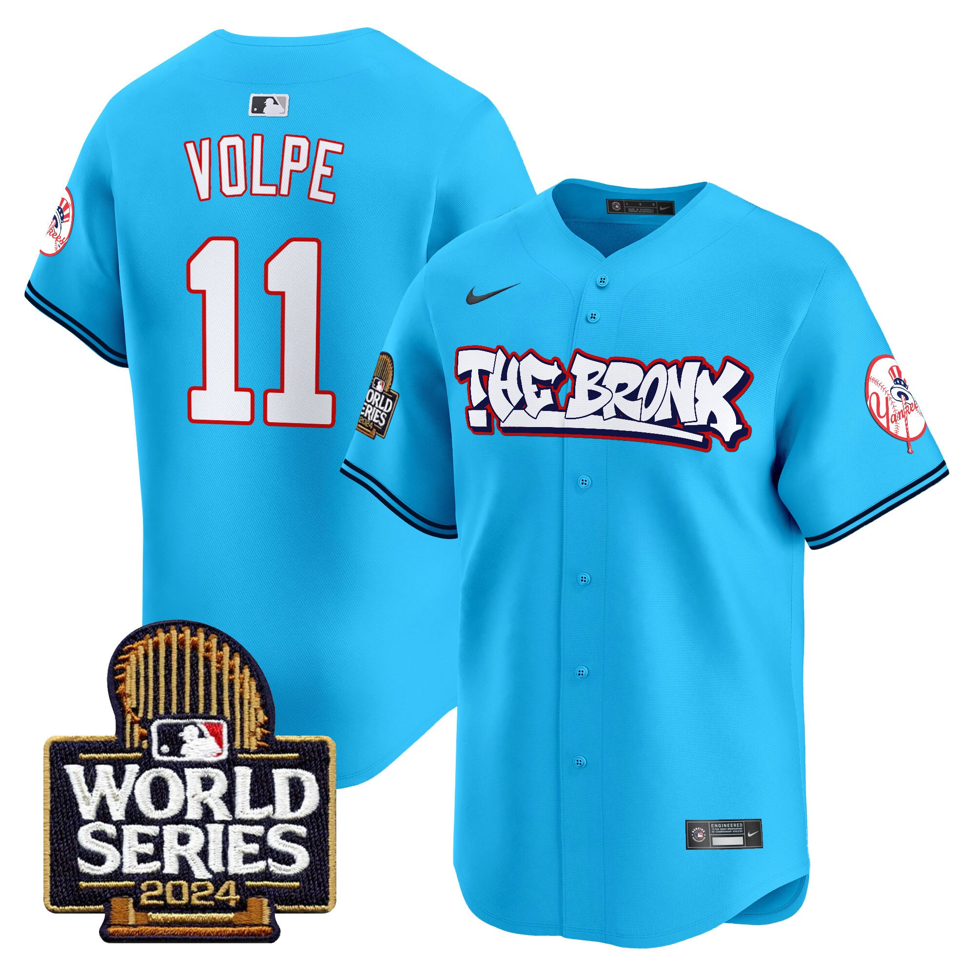 Men’s Yankees The Bronx 2024 World Series Vapor Premier Limited Jersey blue #11 Anthony Volpe
