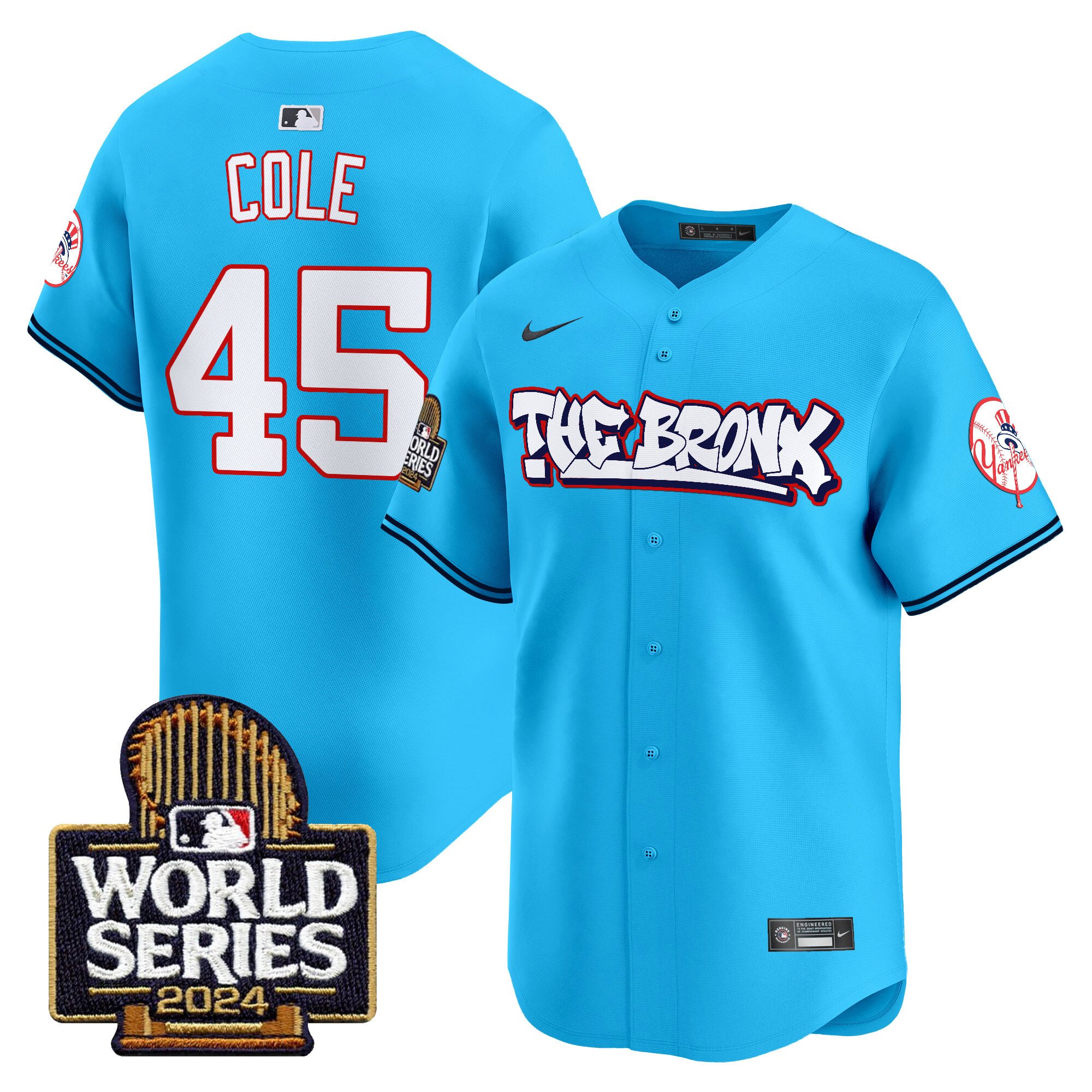 Men’s Yankees The Bronx 2024 World Series Vapor Premier Limited Jersey blue #45 Gerrit Cole