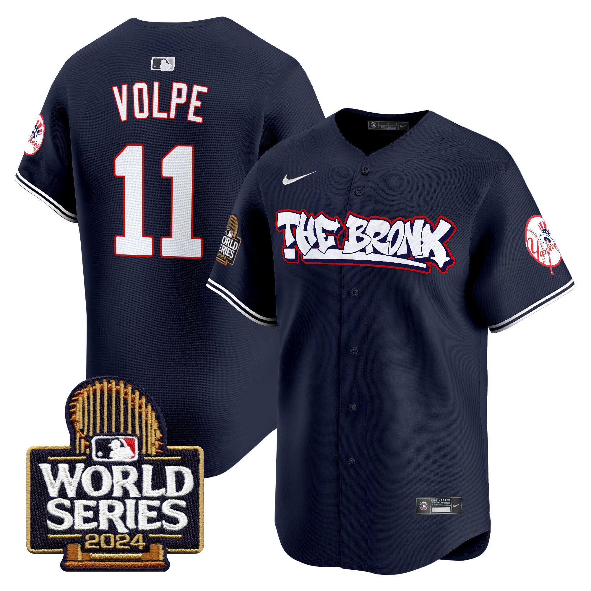 Men’s Yankees The Bronx 2024 World Series Vapor Premier Limited Jersey navy #11 Anthony Volpe