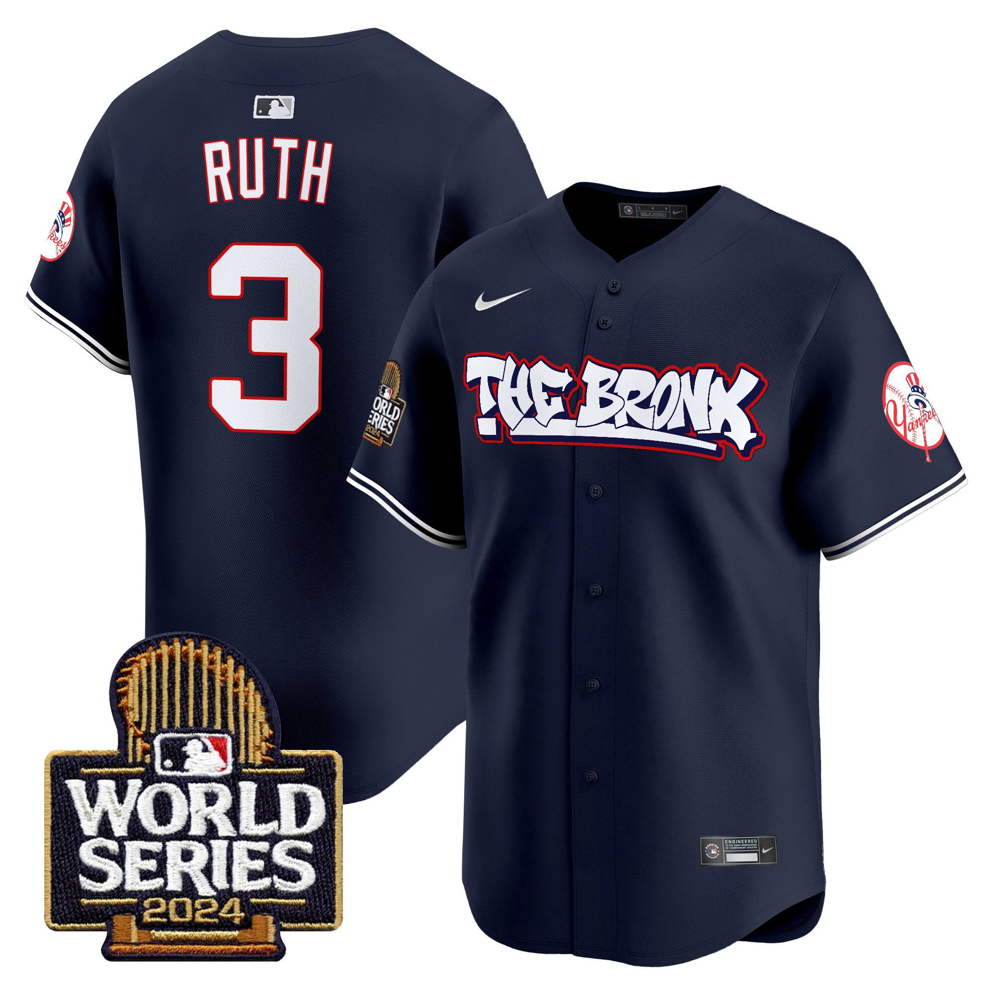 Men’s Yankees The Bronx 2024 World Series Vapor Premier Limited Jersey navy #3 Babe Ruth