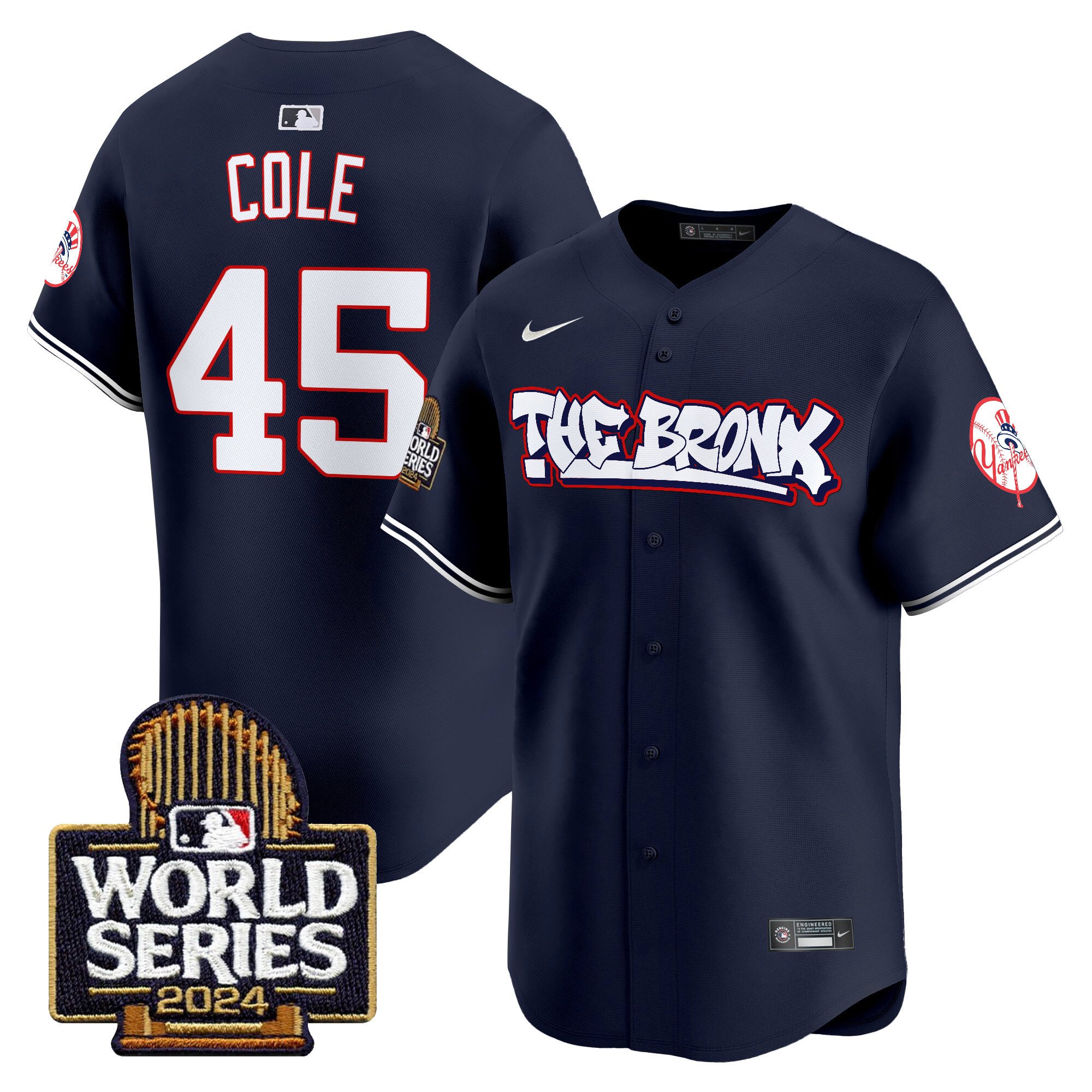 Men’s Yankees The Bronx 2024 World Series Vapor Premier Limited Jersey navy #45 Gerrit Cole