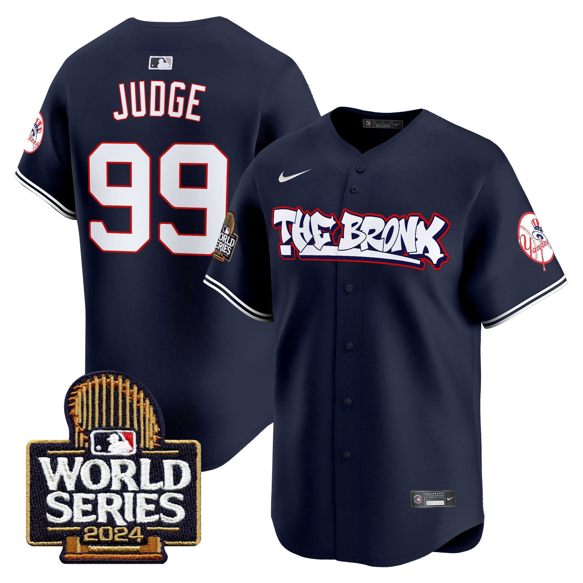 Men’s Yankees The Bronx 2024 World Series Vapor Premier Limited Jersey navy #99 Aaron Judge