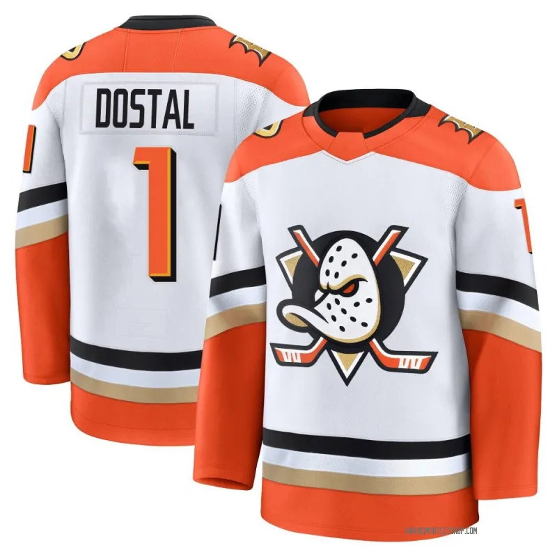 Mens Anaheim Ducks #1 Lukas Dostal Fanatics 2025 Away White Player Jersey 