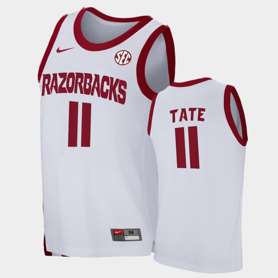 Mens Arkansas Razorbacks #11 Jalen Tate Nike 2020-21 White College Basketball Game JerseyMadness Jersey