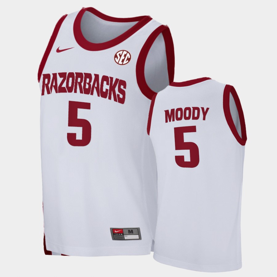 Mens Arkansas Razorbacks #5 Moses Moody Nike 2020-21 White College Basketball Game Jersey