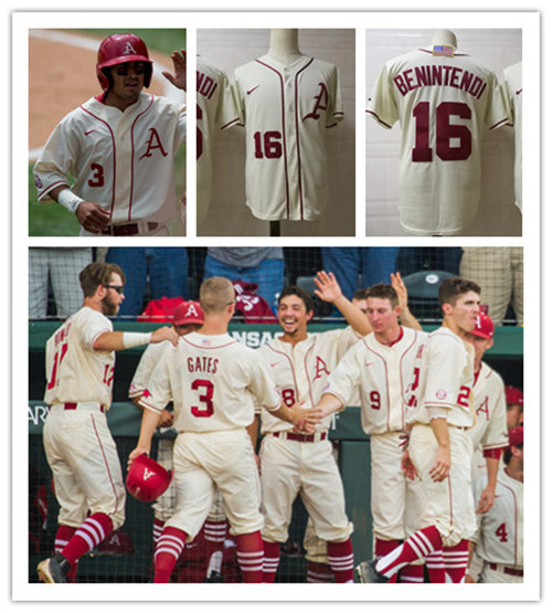 Mens Arkansas Razorbacks Custom Drew Smyly Barrett Astin Andrew Benintendi Isaiah Campbell Nike Cream Stripes College Baseball Jersey