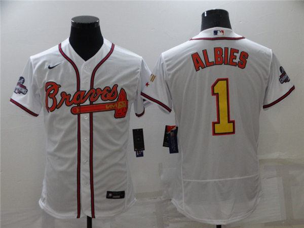 Mens Atlanta Braves #1 Ozzie Albies Nike 2022 White Gold Program 4 Times World Series Champions Baseball Jersey