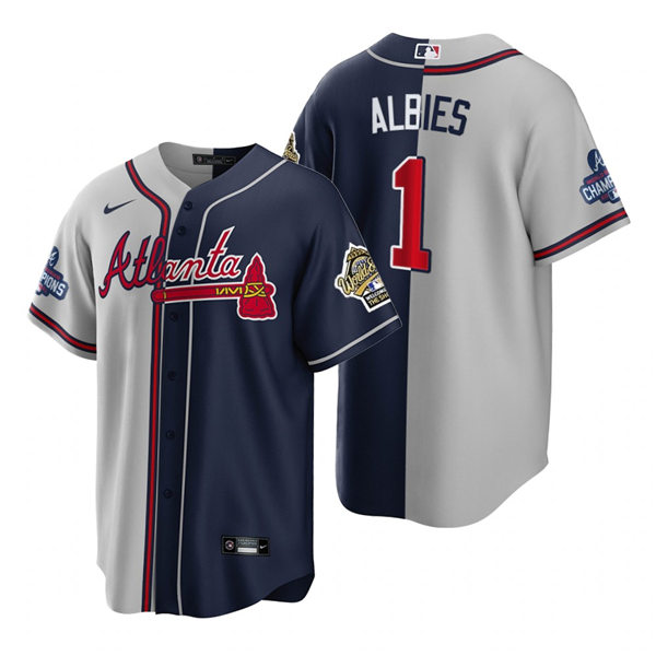 Mens Atlanta Braves #1 Ozzie Albies Nike Grey Navy Split Two-Tone Jersey
