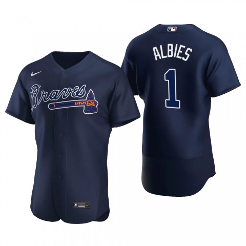 Mens Atlanta Braves #1 Ozzie Albies Nike Navy Alternate 2nd FlexBase Jersey