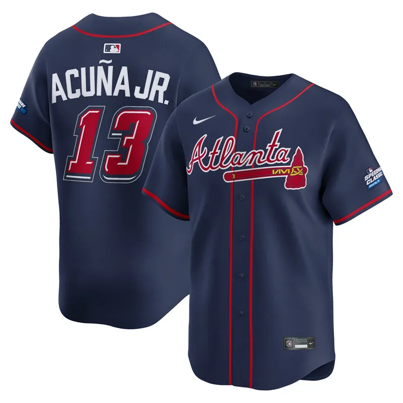 Mens Atlanta Braves #13 Ronald Acuna Jr. Navy 2025 MLB Speedway Classic Alternate Limited Jersey 