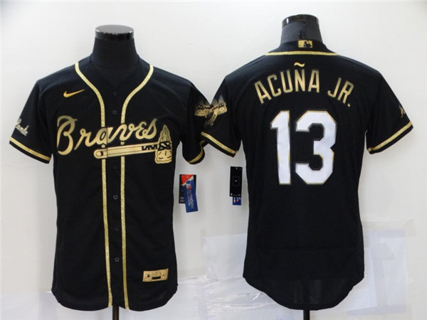 Mens Atlanta Braves #13 Ronald Acuna Jr. Nike Black Golden Edition Stitched Jerseys