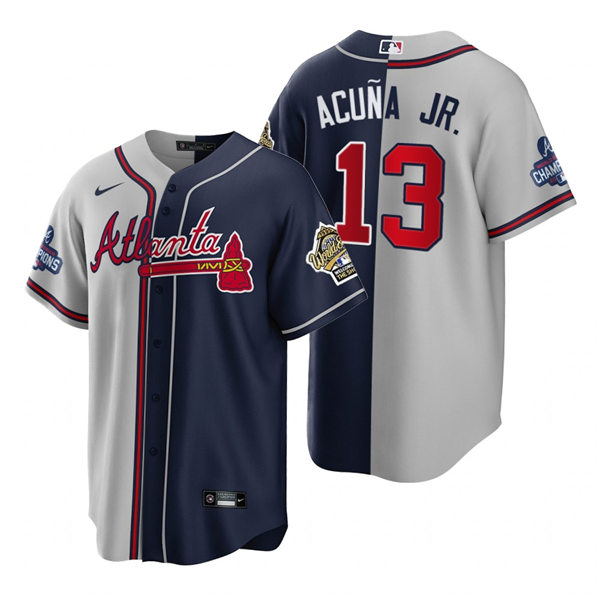 Mens Atlanta Braves #13 Ronald Acuna Jr. Nike Grey Navy Split Two-Tone Jersey