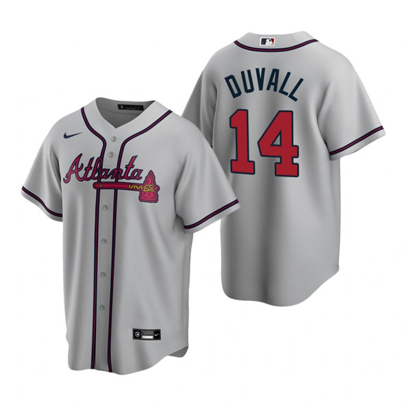 Mens Atlanta Braves #14 Adam Duvall Nike Grey Away Cool Base Jersey