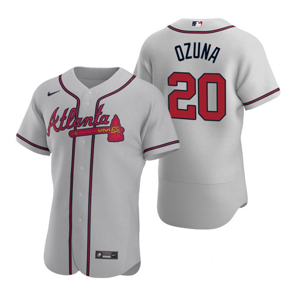 Mens Atlanta Braves #20 Marcell Ozuna Nike Grey Away Flex Base Jersey