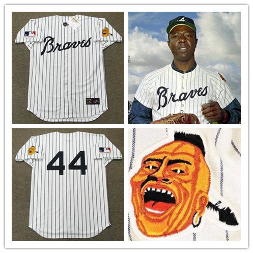 Mens Atlanta Braves #44 HANK AARON 969 White Navy Pinstripe Majestic Cooperstown Jerseys