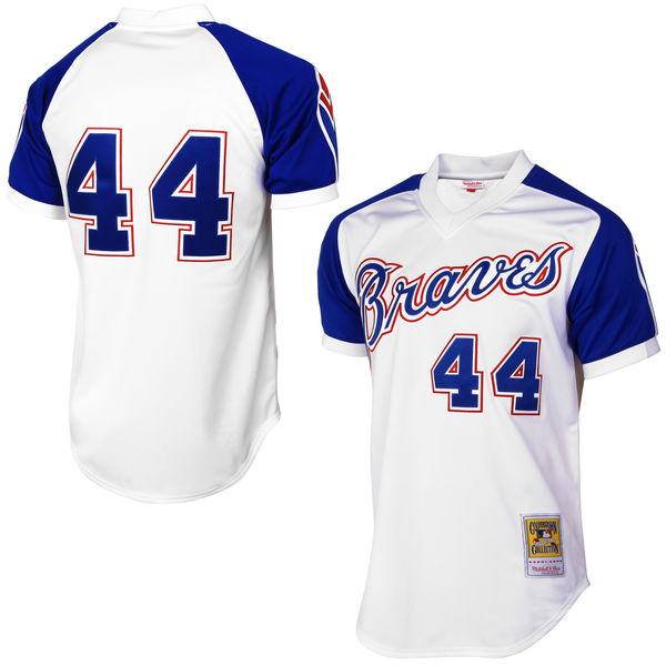 Mens Atlanta Braves #44 Hank Aaron Mitchell&Ness 1974 White Pullover Throwback Jerseys