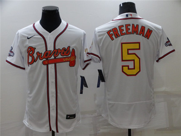 Mens Atlanta Braves #5 Freddie Freeman Nike 2022 White Gold Program 4 Times World Series Champions