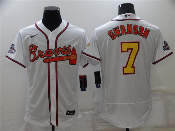 Mens Atlanta Braves #7 Dansby Swanson Nike 2022 White Gold Program 4 Times World Series Champions Jersey