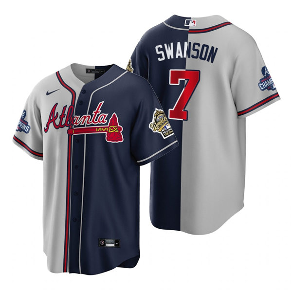 Mens Atlanta Braves #7 Dansby Swanson Nike Grey Navy Split Two-Tone Jersey