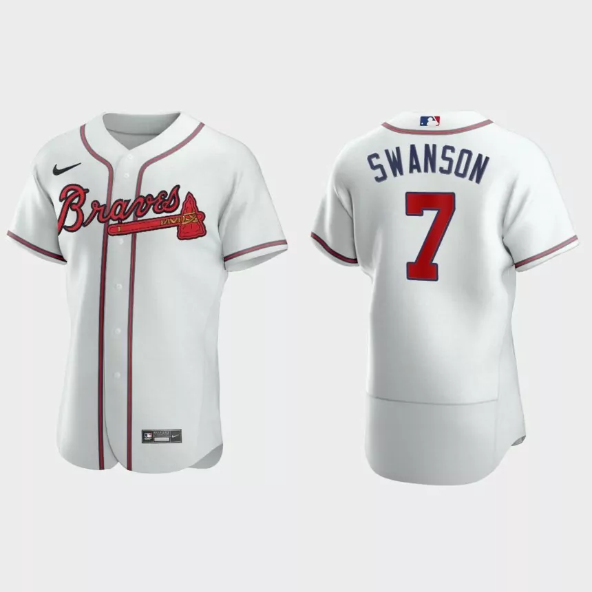 Mens Atlanta Braves #7 Dansby Swanson White Authentic Jersey