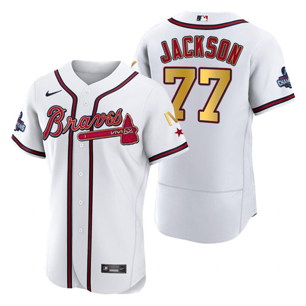 Mens Atlanta Braves #77 Luke Jackson Nike 2022 White Gold Program 4 Times World Series Champions