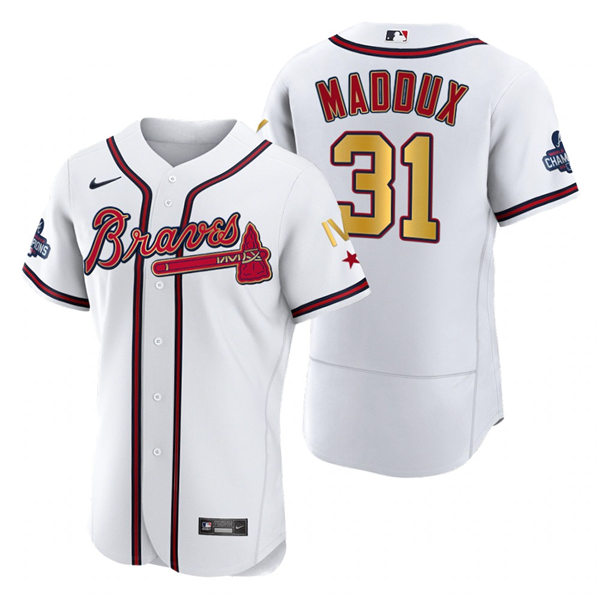 Mens Atlanta Braves Retired Player #31 Greg Maddux Nike 2022 White Gold Program 4 Times World Series