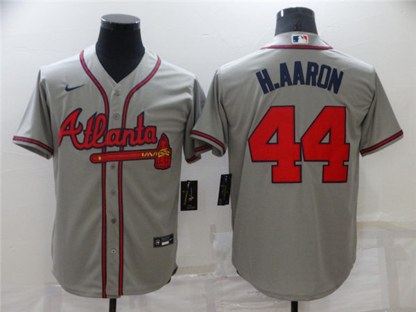 Mens Atlanta Braves Retired Player #44 Hank Aaron Nike Road Grey Cool Stitched Base Jersey
