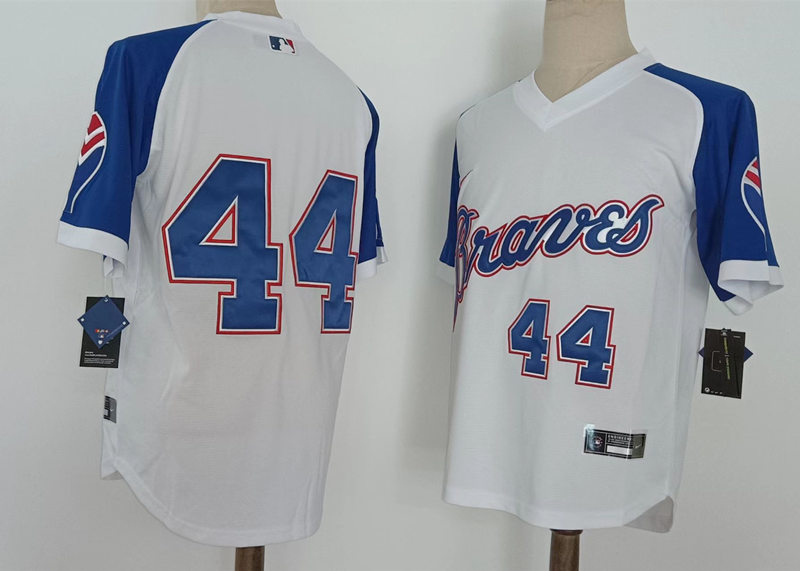 Mens Atlanta Braves Retired Player #44 Hank Aaron Nike White Pullover Cooperstown Baseball Jersey