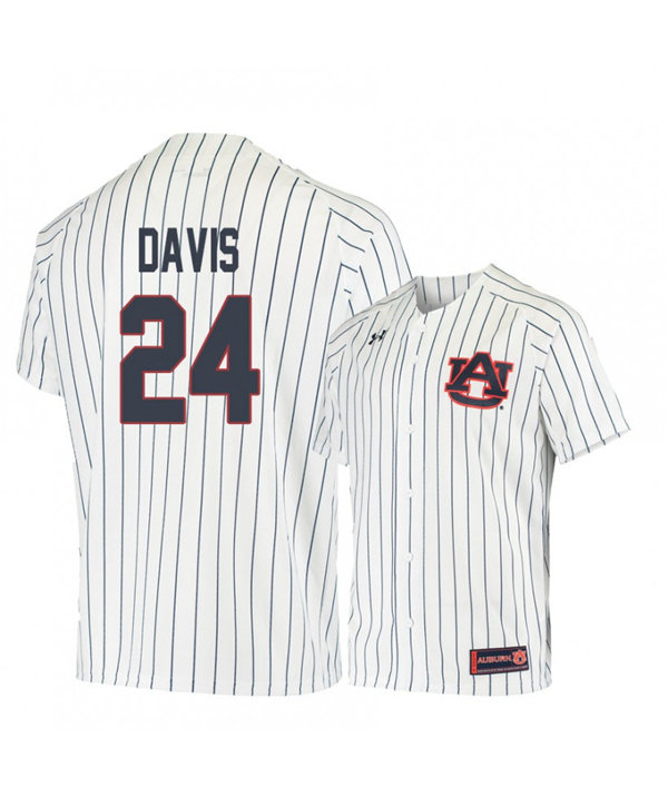 Mens Auburn Tigers #24 CONOR DAVIS 2019 White Pinstripe Under Armour College Baseball Jersey