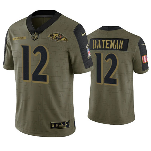 Mens Baltimore Ravens #12 Rashod Bateman Nike Olive 2021 Salute To Service Limited Jersey