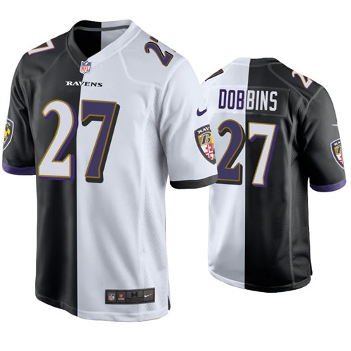 Mens Baltimore Ravens #27 J.K. Dobbins Nike Black White Split Two-Tone Jersey