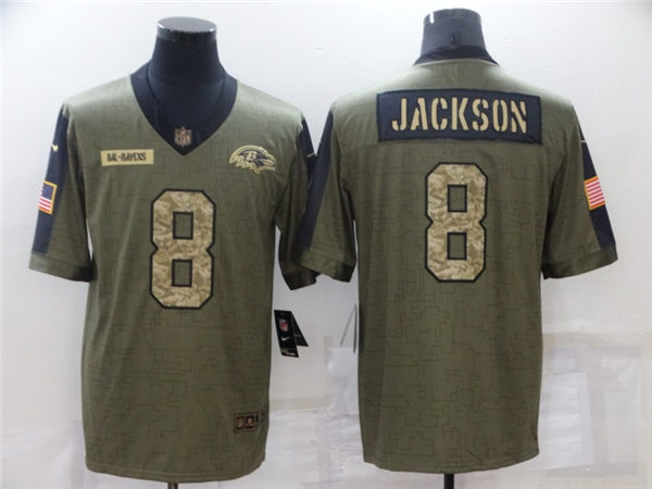 Mens Baltimore Ravens #8 Lamar Jackson Nike 2021 Olive Camo Number Salute To Service Limited Stitched Jersey
