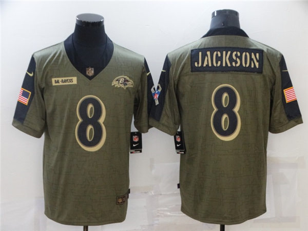 Mens Baltimore Ravens #8 Lamar Jackson Nike Olive 2021 Salute To Service Limited Jersey
