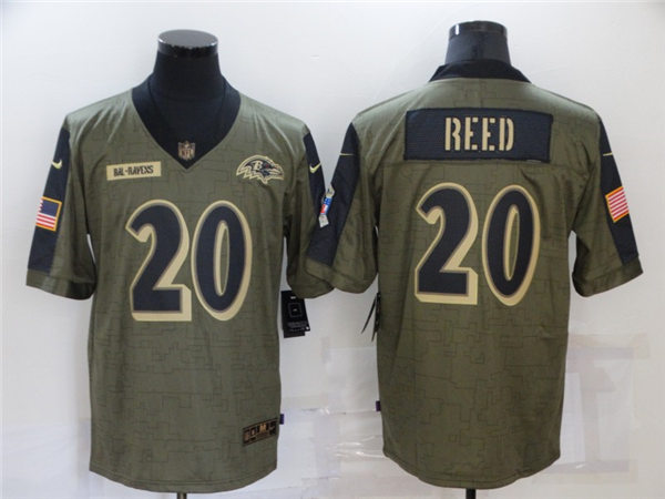 Mens Baltimore Ravens Retired Player #20 Ed Reed Nike Olive 2021 Salute To Service Limited Stitched Jersey