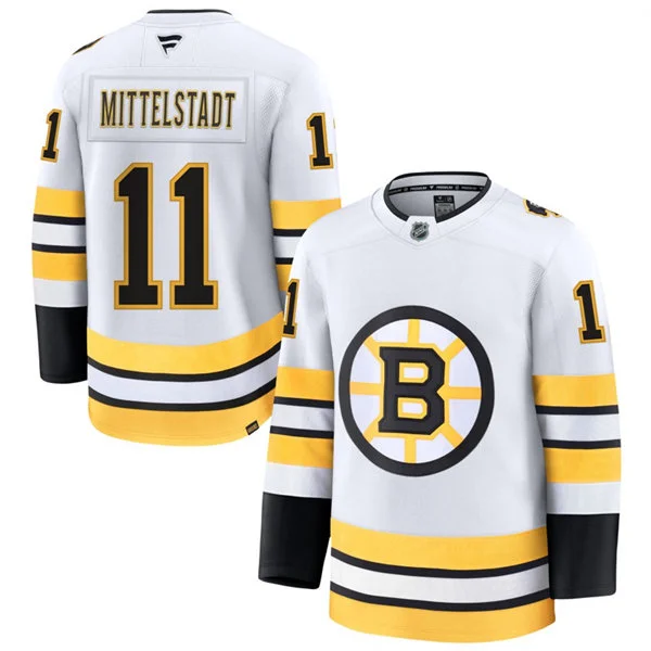 Mens Boston Bruins #11 Casey Mittelstadt Fanatics 2025 Away White Premium Jersey 