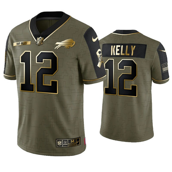 Mens Buffalo Bills Retired Player #12 Jim Kelly Nike 2021 Olive Golden Salute To Service Limited Jersey