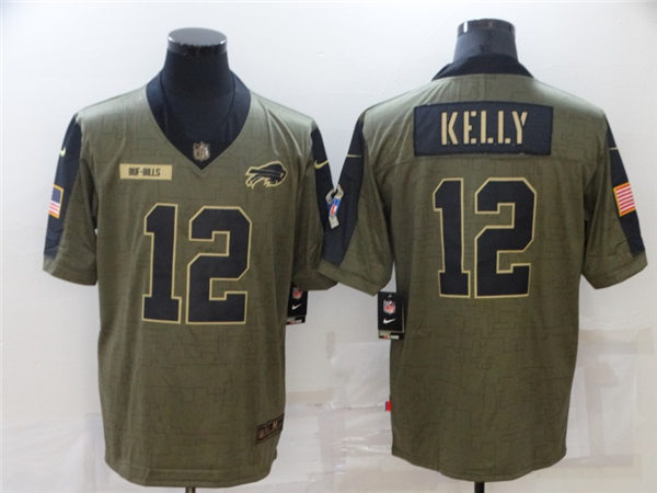 Mens Buffalo Bills Retired Player #12 Jim Kelly Stitched Nike Olive 2021 Salute To Service Limited Player Jersey