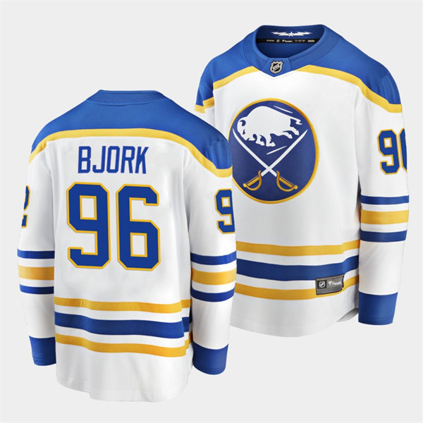 Mens Buffalo Sabres #96 Anders Bjork Adidas White Royal Away Premier Player Stitched Jersey